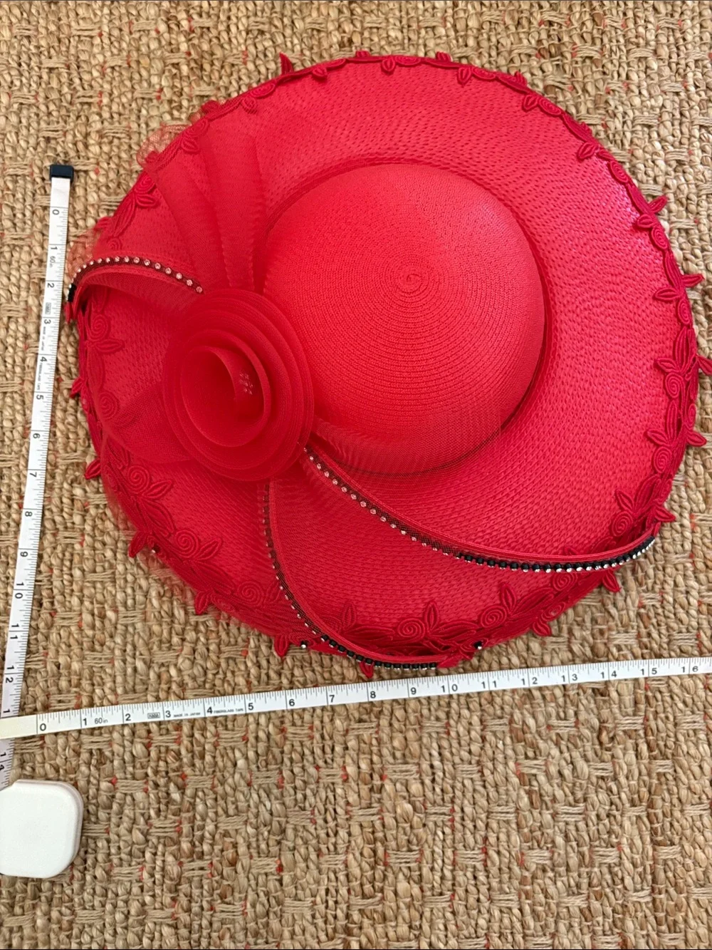 Wide-Brim Decorative Red Women's Hat with Braided Trim & Tulle Flower